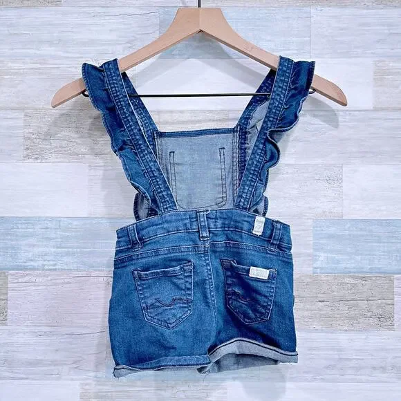 7 For All Mankind Ruffle Denim Overalls Shortalls Blue Dark Wash Toddler Girl 4T - Picture 3 of 6